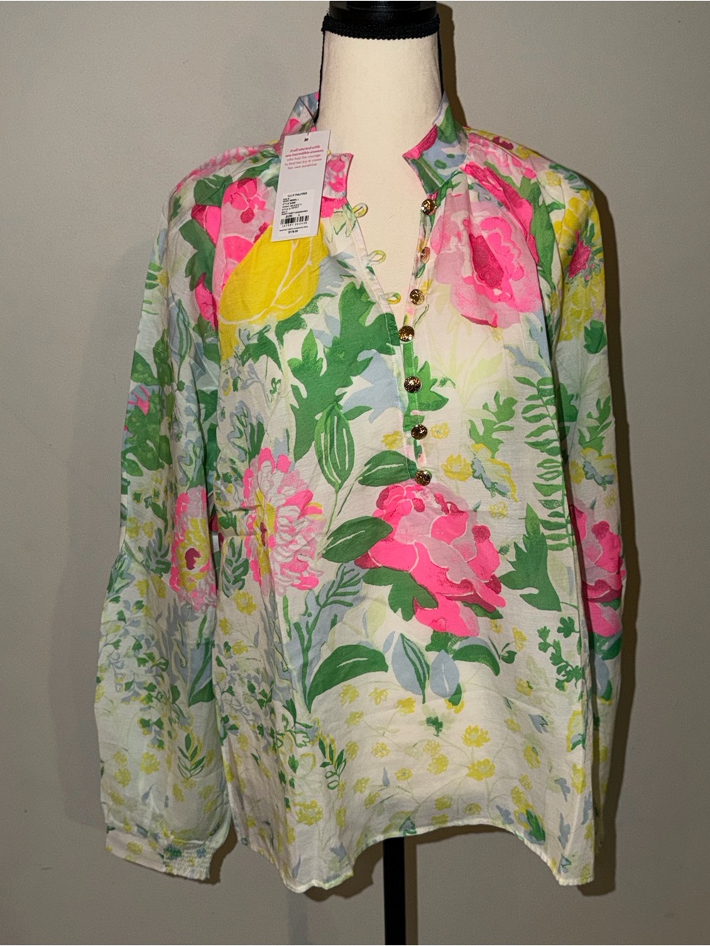 Lilly Pulitzer Floral Balloon-Sleeve Blouse in White, Green & Pink - Picture 9 of 9